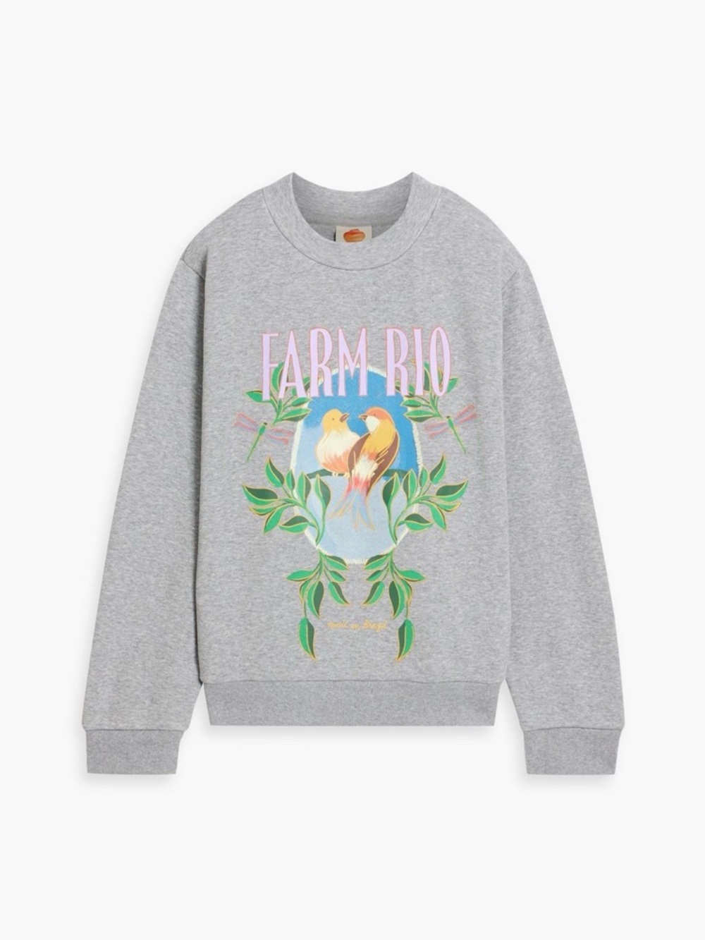 FARM Rio Grey Sweatshirt with Pink Logo and Tropical Bird Graphic